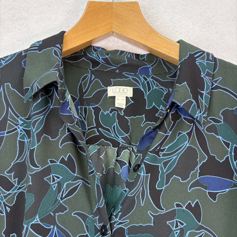LOGO by Lori Goldstein Green Floral Print Tunic Shirt Women's XL Ruffle Hem Boho - Picture 4 of 7